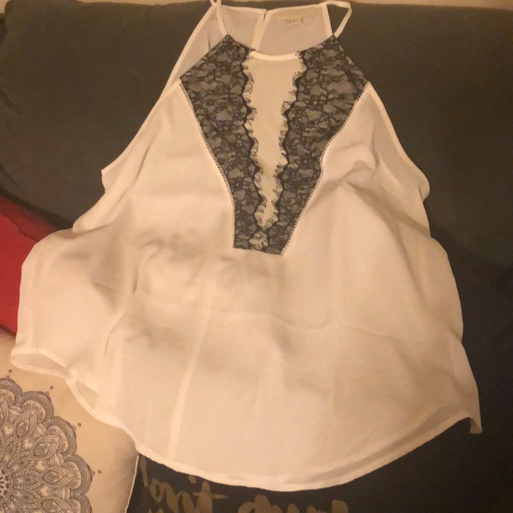 White halter top with mesh center and lace trim